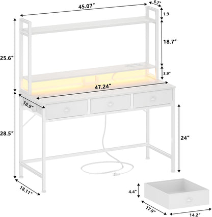 Satifur Small Computer Desk with Power Outlet & 3 Fabric Drawers, Gaming Desk with LED Light and Monitor Stand, Home Office Desk with Shelf and Hutch for Small Space, White