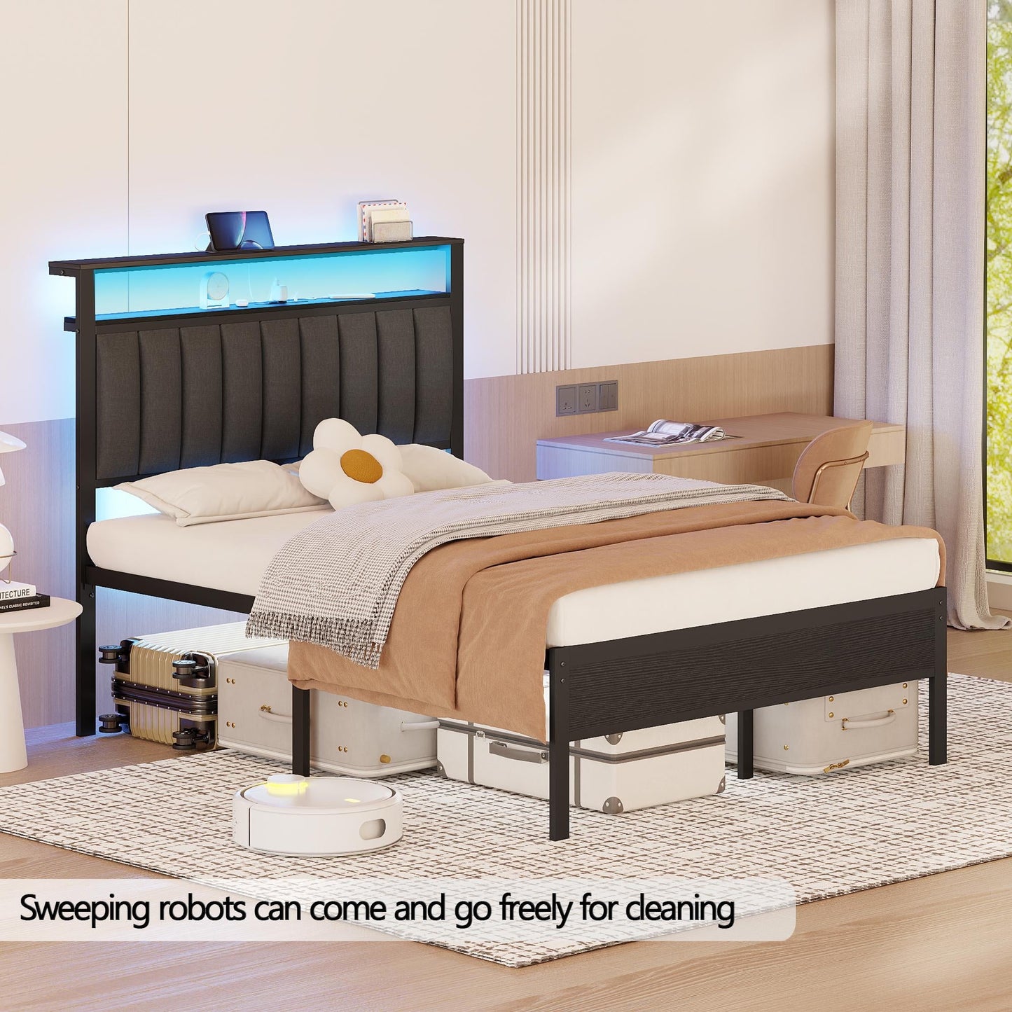 Hexmn Electric Full Size Platforrm Bed Frames with Charging Station, LED Standard Storage Space Bed for Bedroom, No Box Spring Needed