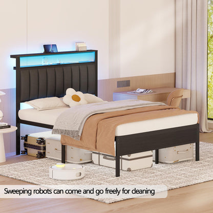 Hexmn Electric Full Size Platforrm Bed Frames with Charging Station, LED Standard Storage Space Bed for Bedroom, No Box Spring Needed