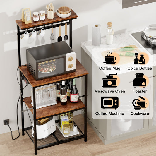 TYDIMOR Kitchen Bakers Rack with Outlets, Coffee Bar Table 4 Tiers Microwave Stand, Brown