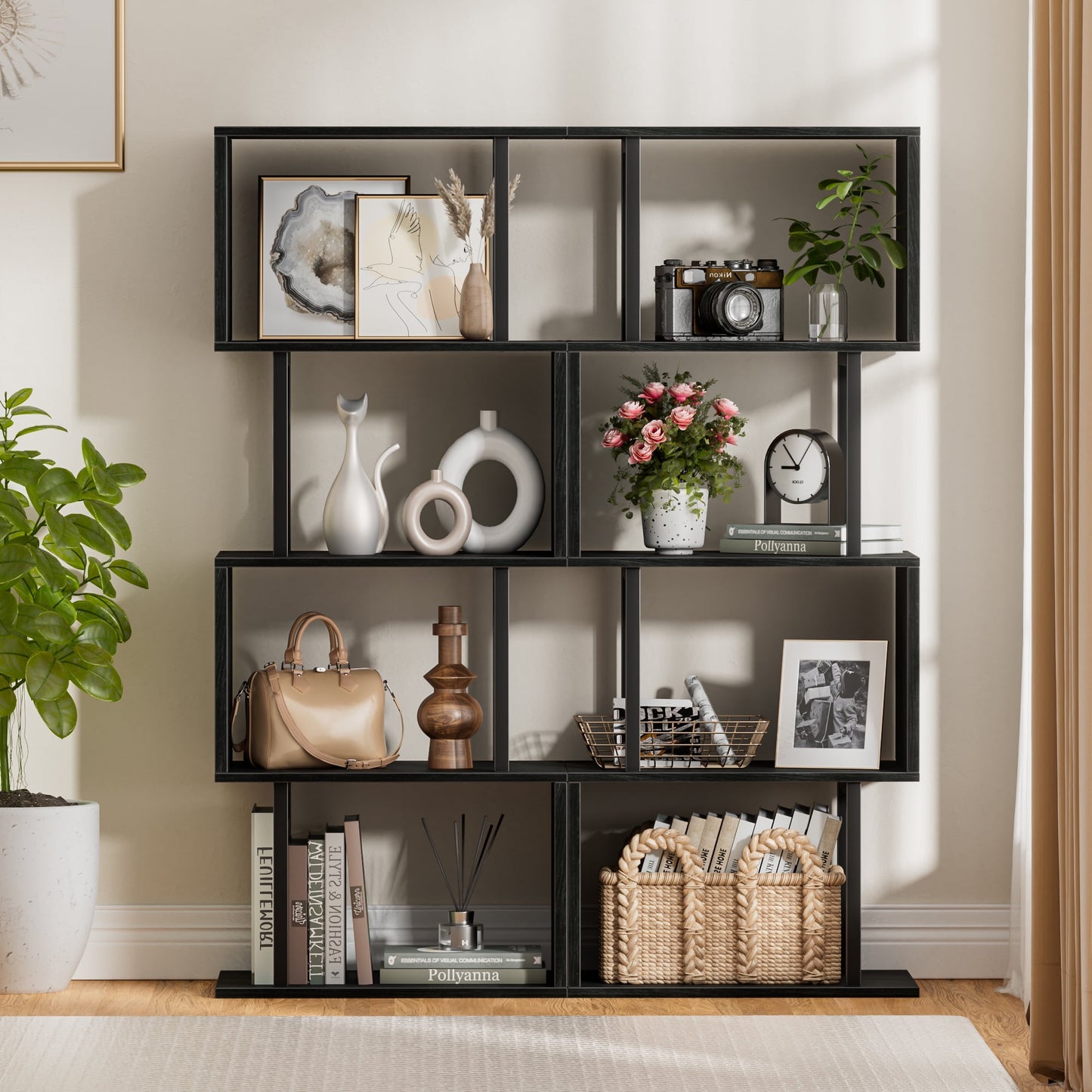 Satifur 4-Tier S-Shaped Geometric Bookcase, Industrial Freestanding Storage Shelving Unit