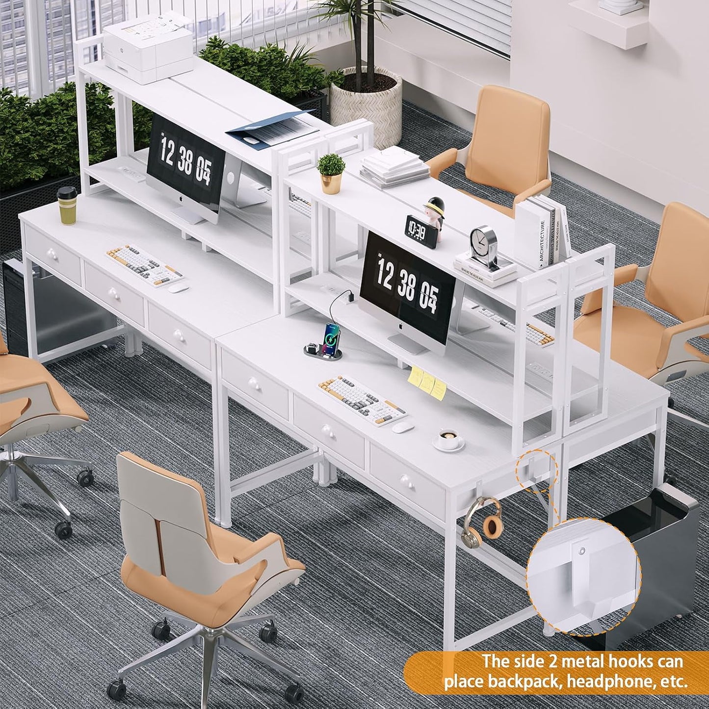 Satifur Small Computer Desk with Power Outlet & 3 Fabric Drawers, Gaming Desk with LED Light and Monitor Stand, Home Office Desk with Shelf and Hutch for Small Space, White