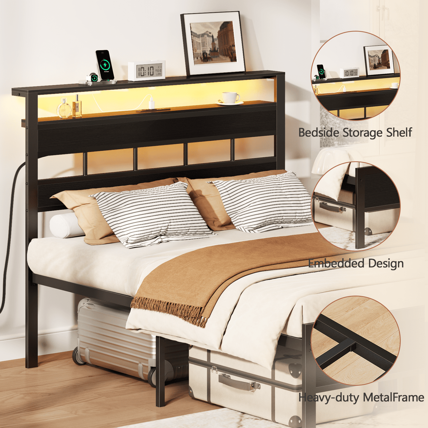 Tydimor Upholstered Underbed Storage Bed Frames with Charging Station£¬LED Queen Size Bed Frame with Storage Shelves, Niose Free