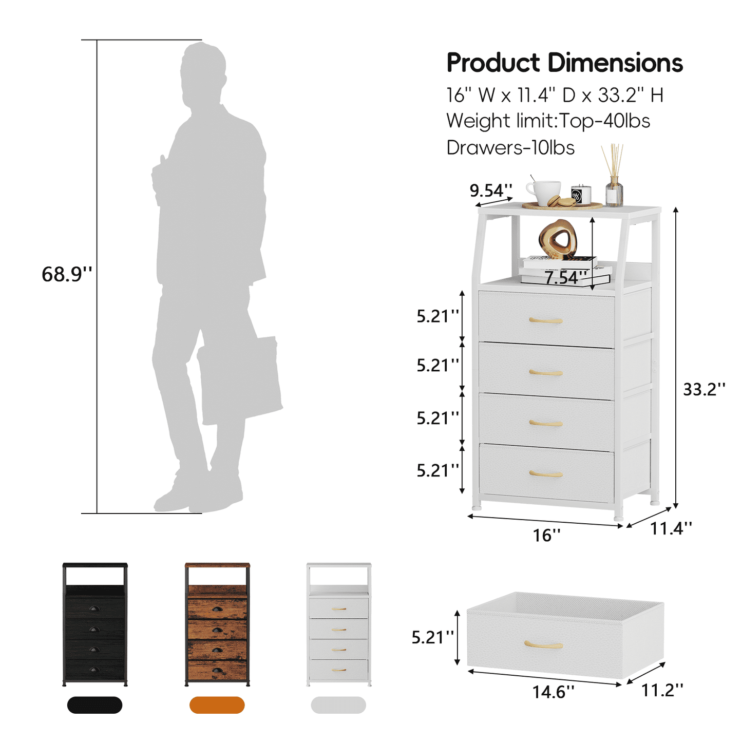TYDIMOR Tall Nightstand,4 Drawer White Dresser for Bedroom Storage,Side Table for All Ages