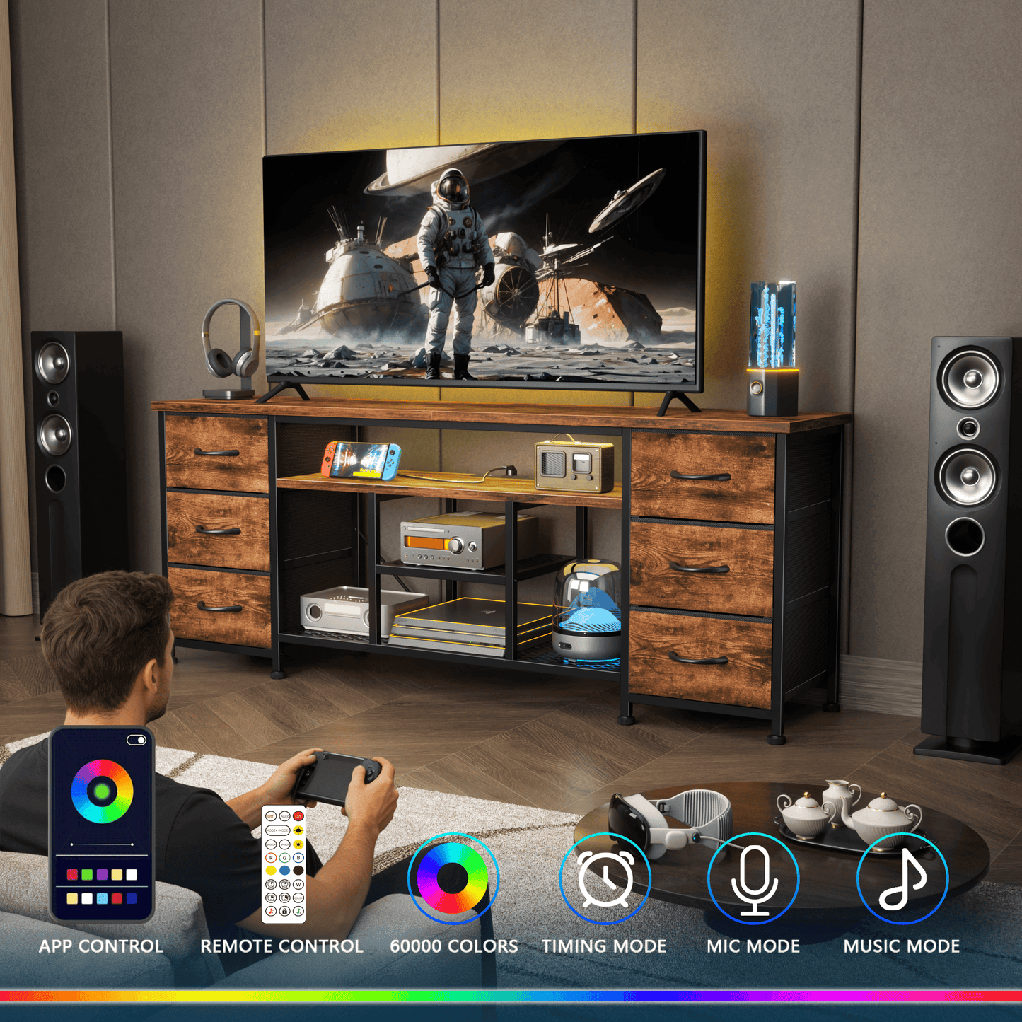 Tydimor Modern TV Stand for TVs up to 60", LED Entertainment Center with Power Outlets and 6 Drawers, Media Console with Storage for Living Room, Rustic Brown