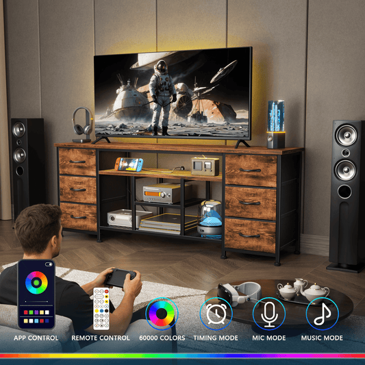 Tydimor Modern TV Stand for TVs up to 60", LED Entertainment Center with Power Outlets and 6 Drawers, Media Console with Storage for Living Room, Rustic Brown