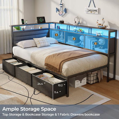 Tydimor L-Shaped Corner Bed Frame with 3 Storage Drawers, 3 Cubbies & Double-Layer Shelf, LED Lights & Power Outlet, Corner Twin Beds for Living Room, Bedroom and Guest, Black