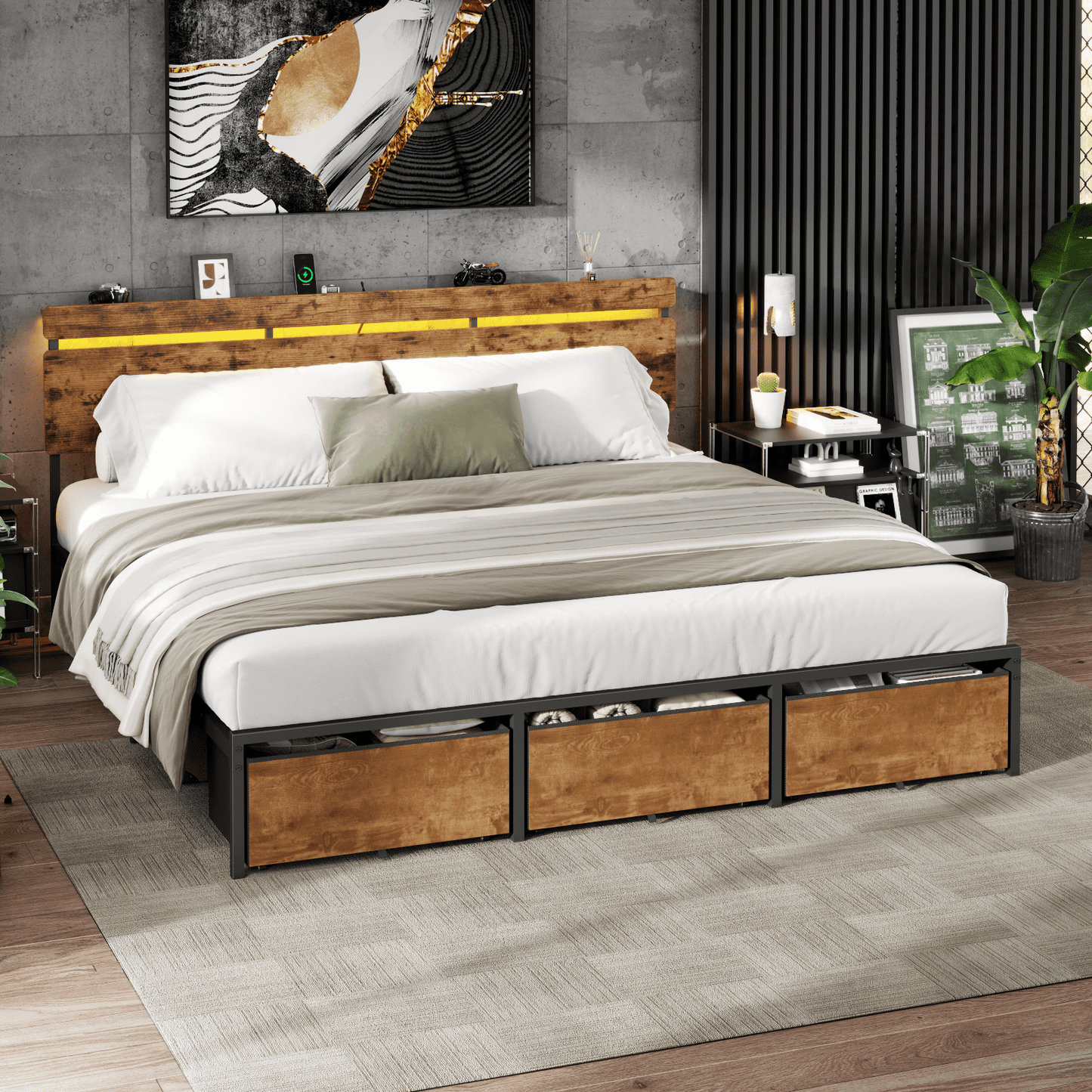 Tydimor King Size Bed Frame with 3 Drawers & LED Lights & Charging Station, Beds with Headboard & 10.10" Under Bed Storage, No Box Spring Needed, Easy Assembly, Rustic Brown