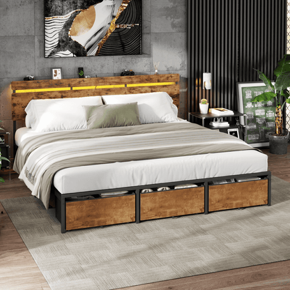 Tydimor King Size Bed Frame with 3 Drawers & LED Lights & Charging Station, Beds with Headboard & 10.10" Under Bed Storage, No Box Spring Needed, Easy Assembly, Rustic Brown