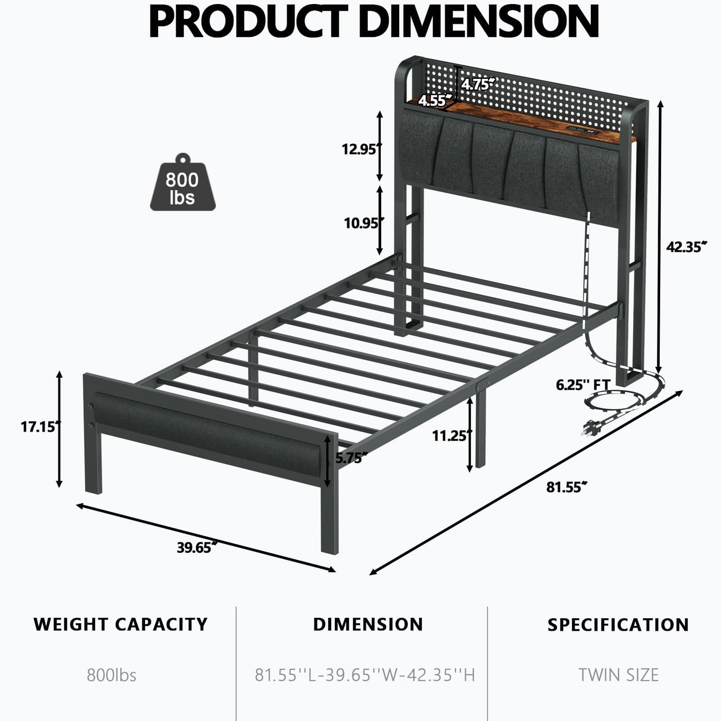 Hexmn Twin Size Metal Smart Bed Frame with Upholstered Headboard, LED Lights, USB Ports and Outlets, Storage Shelves & Underbed