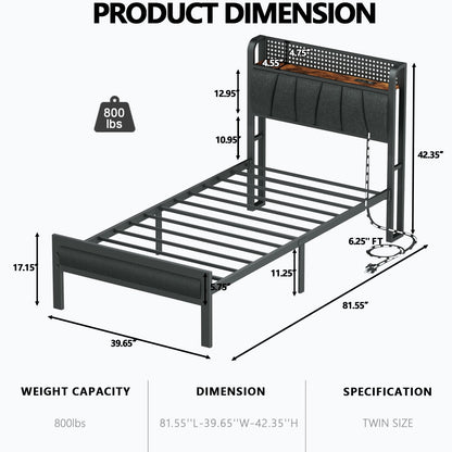 Hexmn Twin Size Metal Smart Bed Frame with Upholstered Headboard, LED Lights, USB Ports and Outlets, Storage Shelves & Underbed