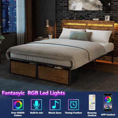 Tydimor Full Size Bed Frame with 2 Drawers & LED Lights & Charging Station, Beds with Headboard & 10.10" Under Bed Storage, No Box Spring Needed, Easy Assembly, Rustic Brown