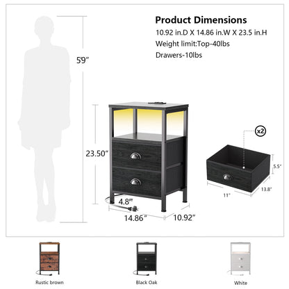 Satifur Bedside Table with Charging Station,Set of 2 LED Nightstand with 2 Fabric Drawers,Black Oak