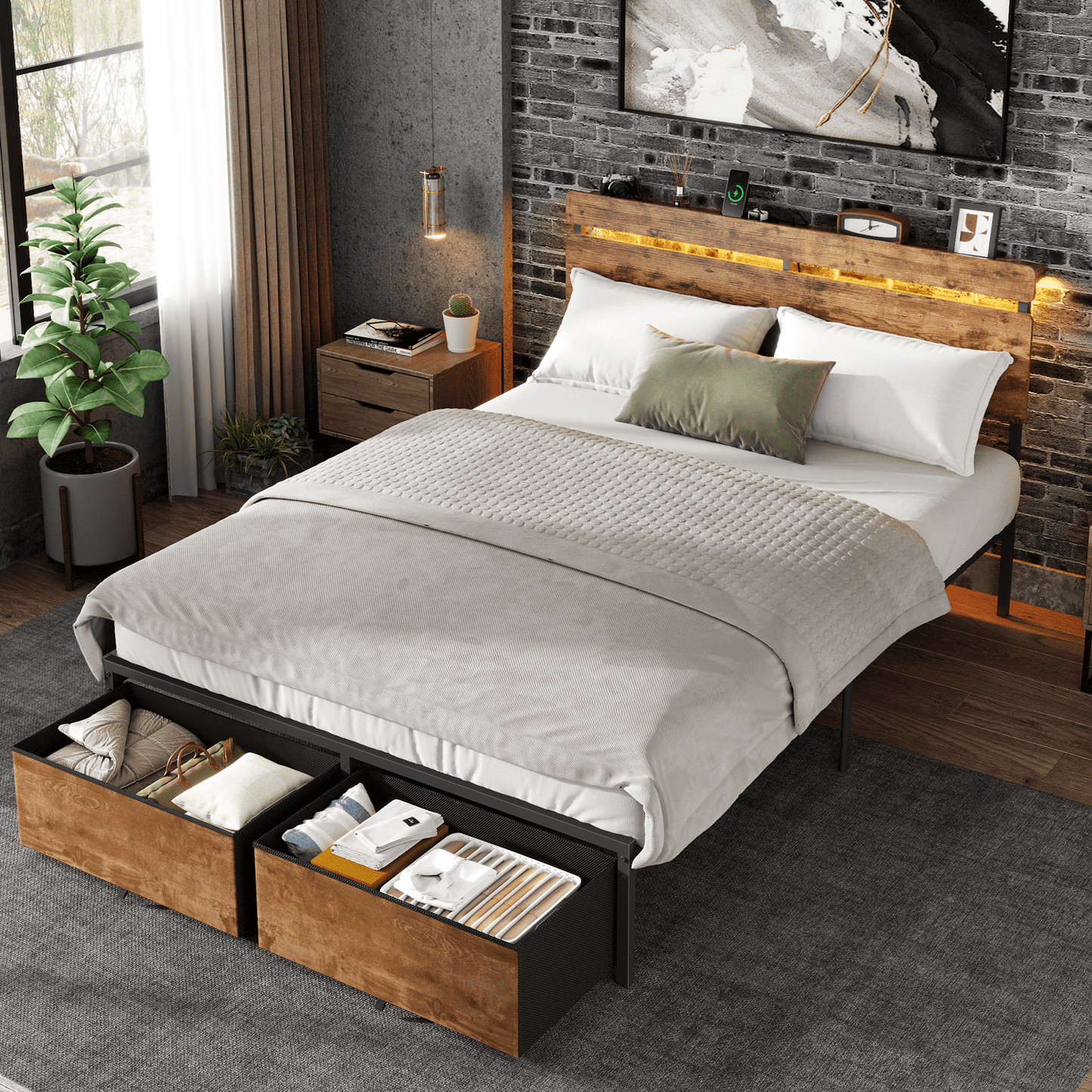 Tydimor Full Size Bed Frame with 2 Drawers & LED Lights & Charging Station, Beds with Headboard & 10.10" Under Bed Storage, No Box Spring Needed, Easy Assembly, Rustic Brown
