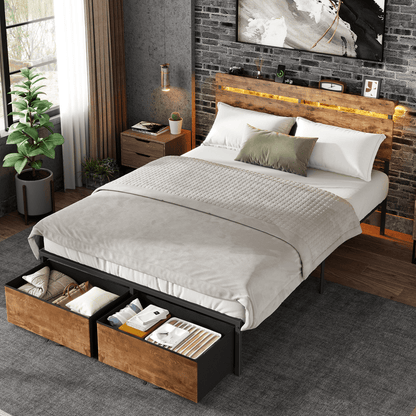 Tydimor Full Size Bed Frame with 2 Drawers & LED Lights & Charging Station, Beds with Headboard & 10.10" Under Bed Storage, No Box Spring Needed, Easy Assembly, Rustic Brown