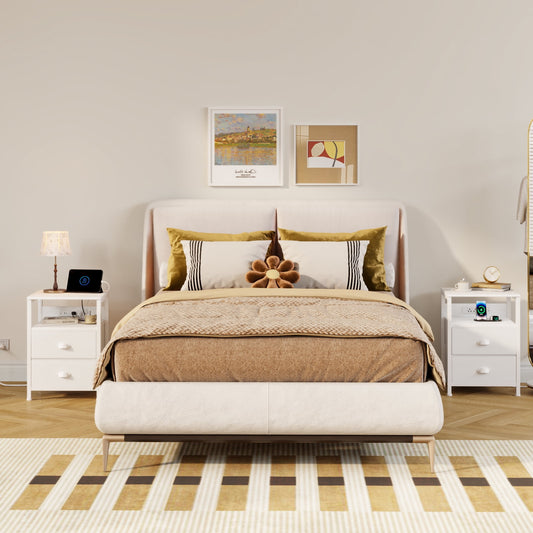 Satifur Night Stand Set of 2 with Charging Station,LED Nightstand with Fabric Drawers Bed Side Table,White