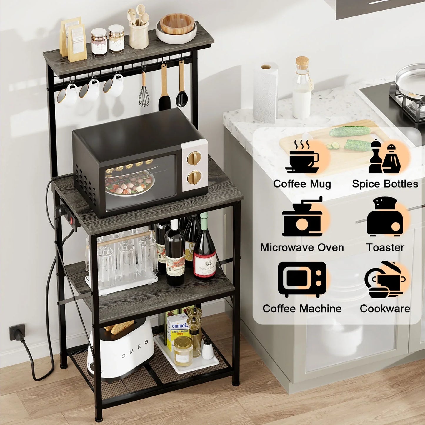 TYDIMOR Kitchen Bakers Rack with Outlets, Coffee Bar Table 4 Tiers Microwave Stand, Light Black Oak