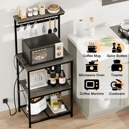 TYDIMOR Kitchen Bakers Rack with Outlets, Coffee Bar Table 4 Tiers Microwave Stand, Light Black Oak