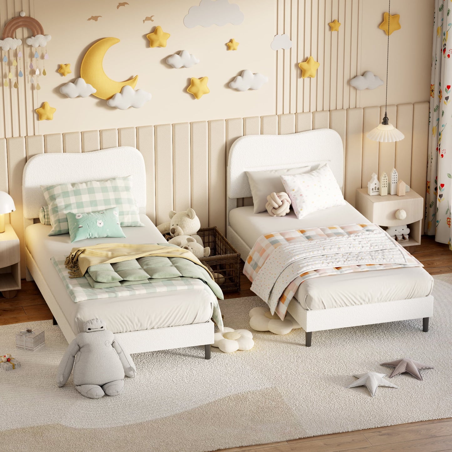 Tydimor Twin Bed Frame with Teddy Velvet Soft Curved Headboard, Platform Bed Easy Assembly, Noise-Free, White