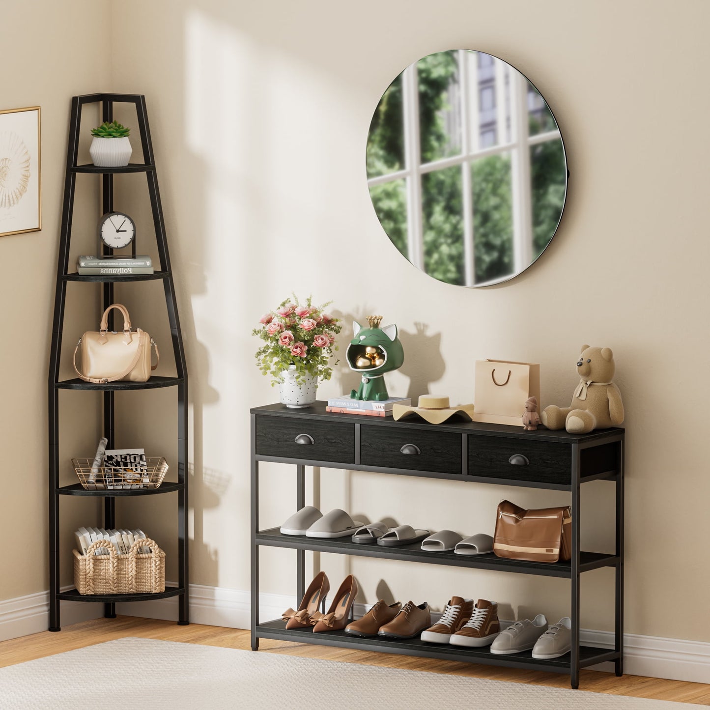 Satifur Corner Shelf Space Saving Freestanding Bookcase with LED Light Strip, Corner Bookshelf for Living Room Bedroom, Black