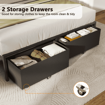 Tydimor Full Size Bed Frame with 2 Drawers & LED Lights & Charging Station, Beds with Headboard & 10.10" Under Bed Storage, No Box Spring Needed, Easy Assembly, Black