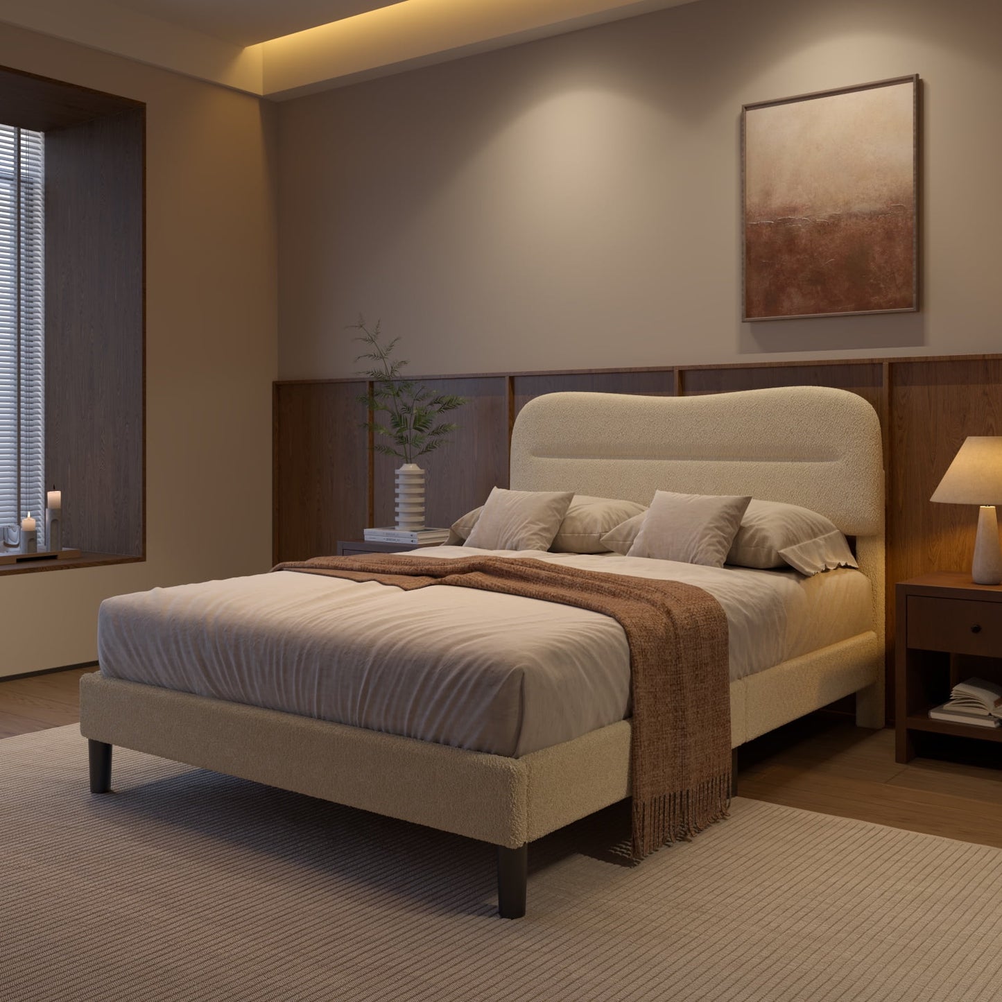 Tydimor Full Bed Frame with Teddy Velvet Soft Curved Headboard, Platform Bed with Wooden Slats Support, Easy Assembly, Noise-Free, Beige