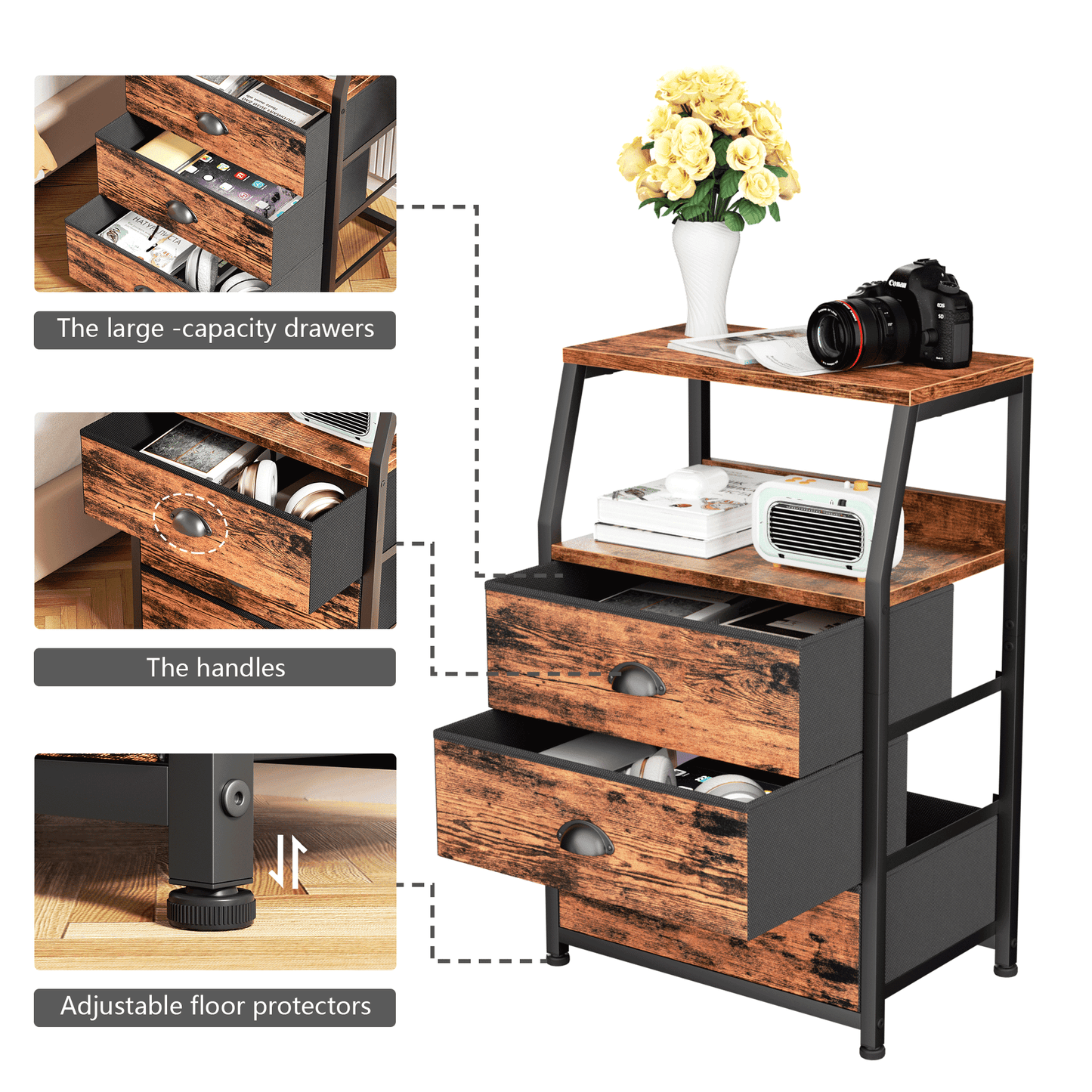 TYDIMOR Night Stand, Small Dresser 3 drawer storage organizer for Bedroom, Brown, Adults