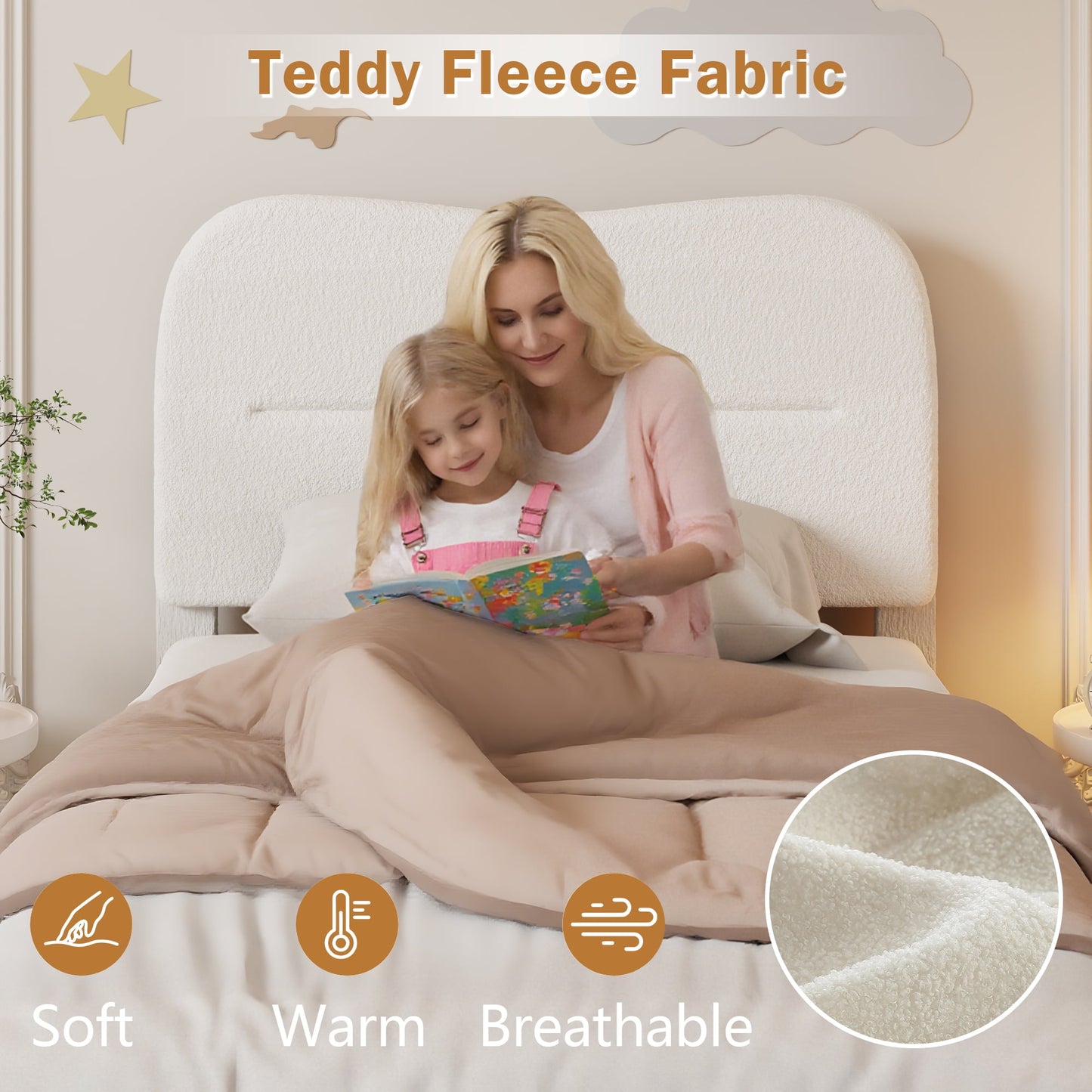 Satifur Full Bed Frame with Teddy Velvet Soft Curved Headboard, Platform Bed with Wooden Slats Support, Easy Assembly, Noise-Free, White
