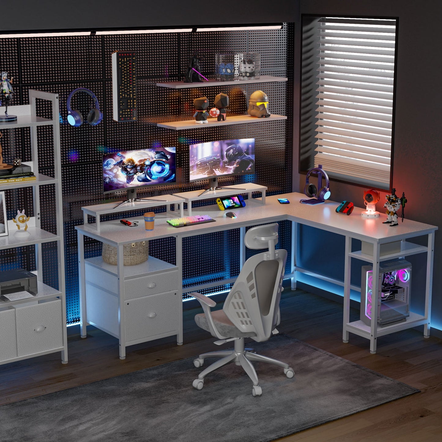 Furologee L Shaped Desk with Shelves, Reversible Corner Computer Desk with Drawers & 2 Monitor Stands, Large Home Office Desk Writing Study Gaming Table Workstation, White