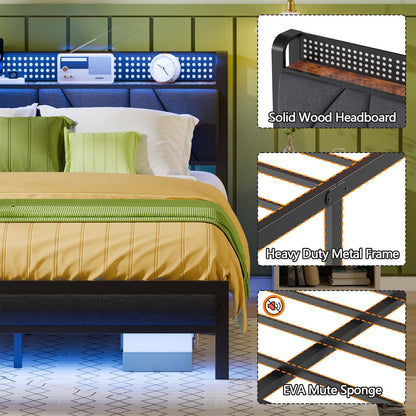 Hexmn Queen Size Metal Smart Bed Frame with Upholstered Headboard, LED Lights, USB Ports and Outlets, Storage Shelves & Underbed