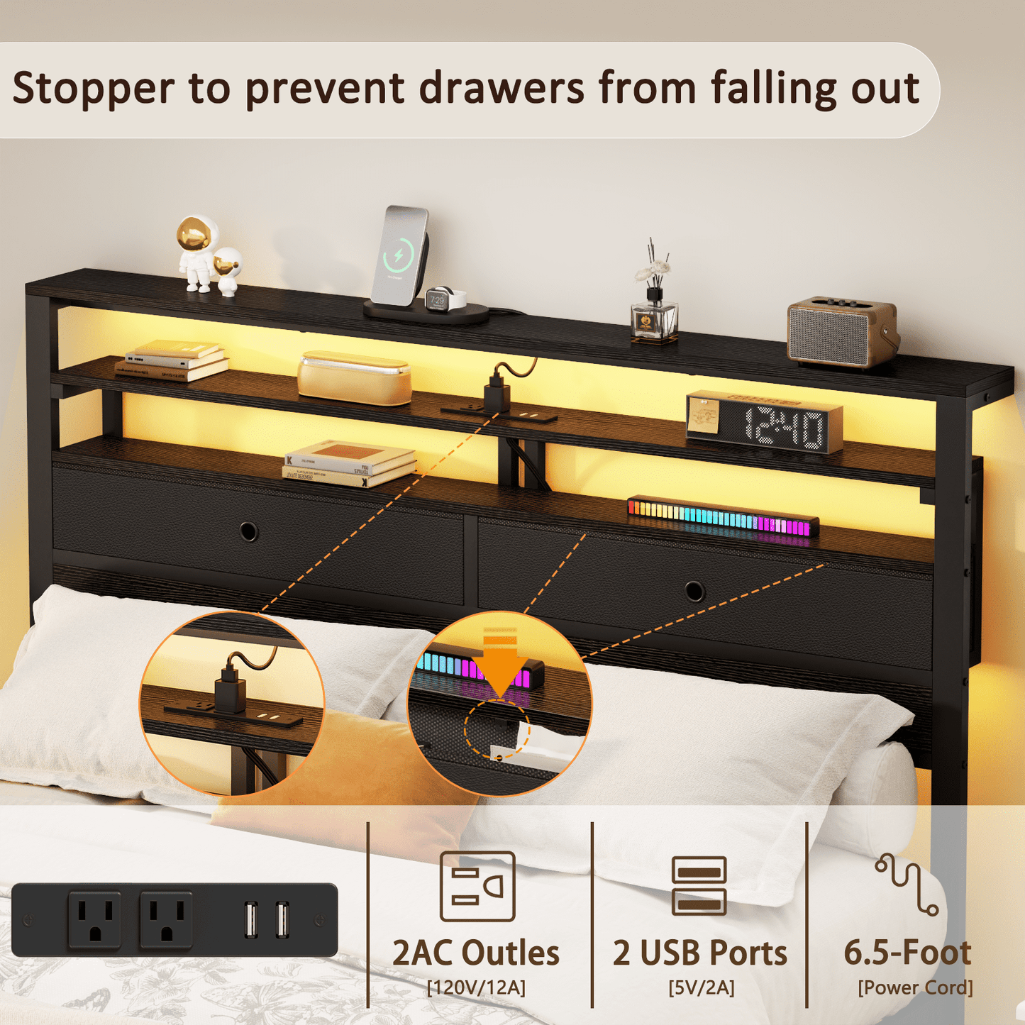 Tydimor Queen Size Bed Frame with 2 Storage Drawers Headboard, LED & Charging Station, Black oack