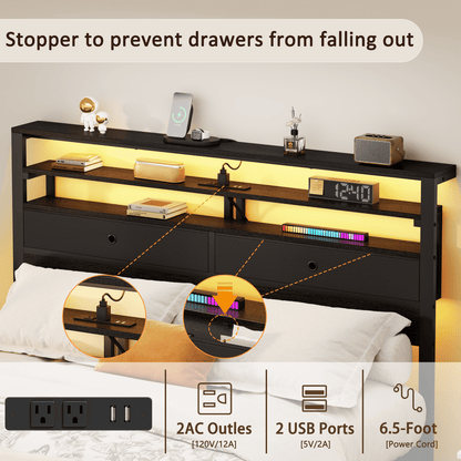 Tydimor Queen Size Bed Frame with 2 Storage Drawers Headboard, LED & Charging Station, Black oack