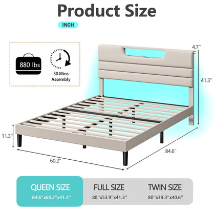 Tydimor Beige Fine Linen Fabric Bed Frame with Upholstered Headboard & Charge Station, Queen Size Bed Frame with LED Lights, No Box Spring Needed