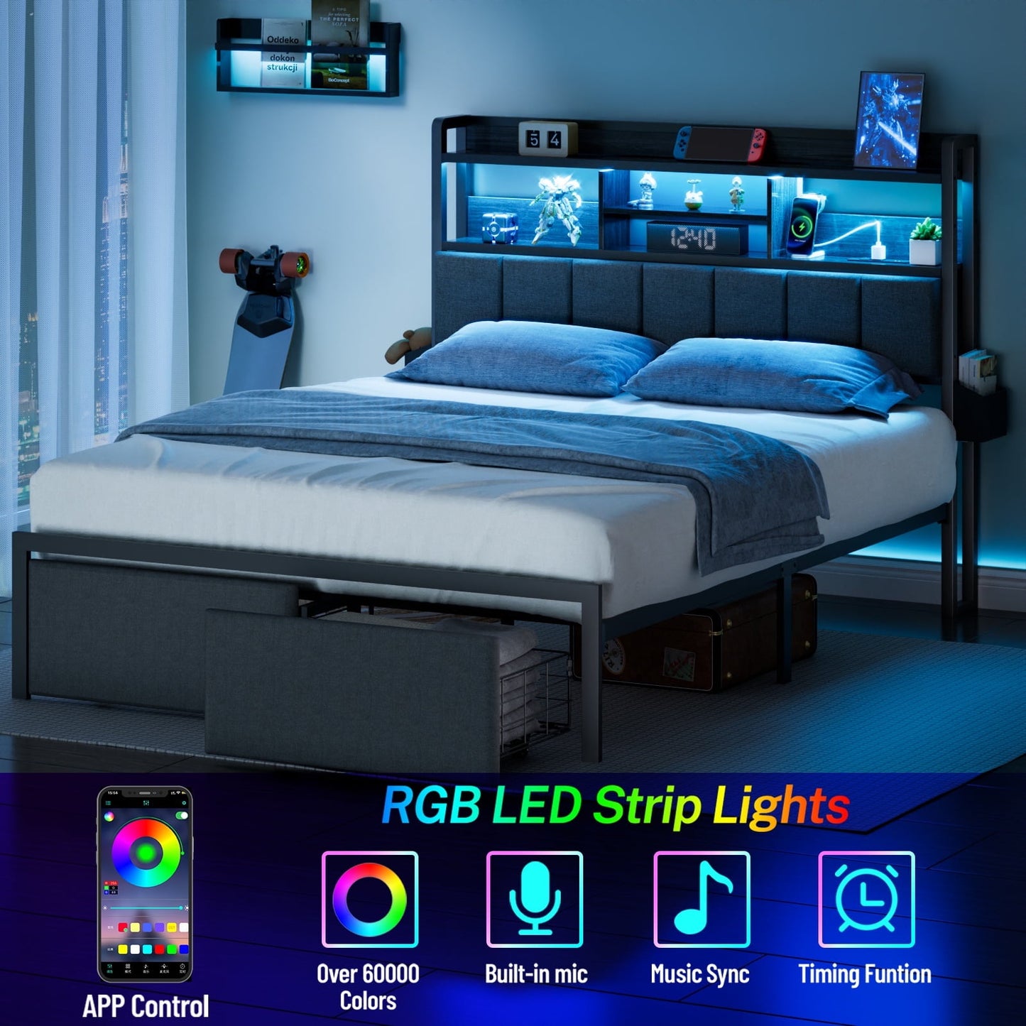 Hexmn Fabric Upholstered Smart Gaming Bed Frame Full Size with Storage Drawers, USB Ports and Outlets, No Box Spring Needed