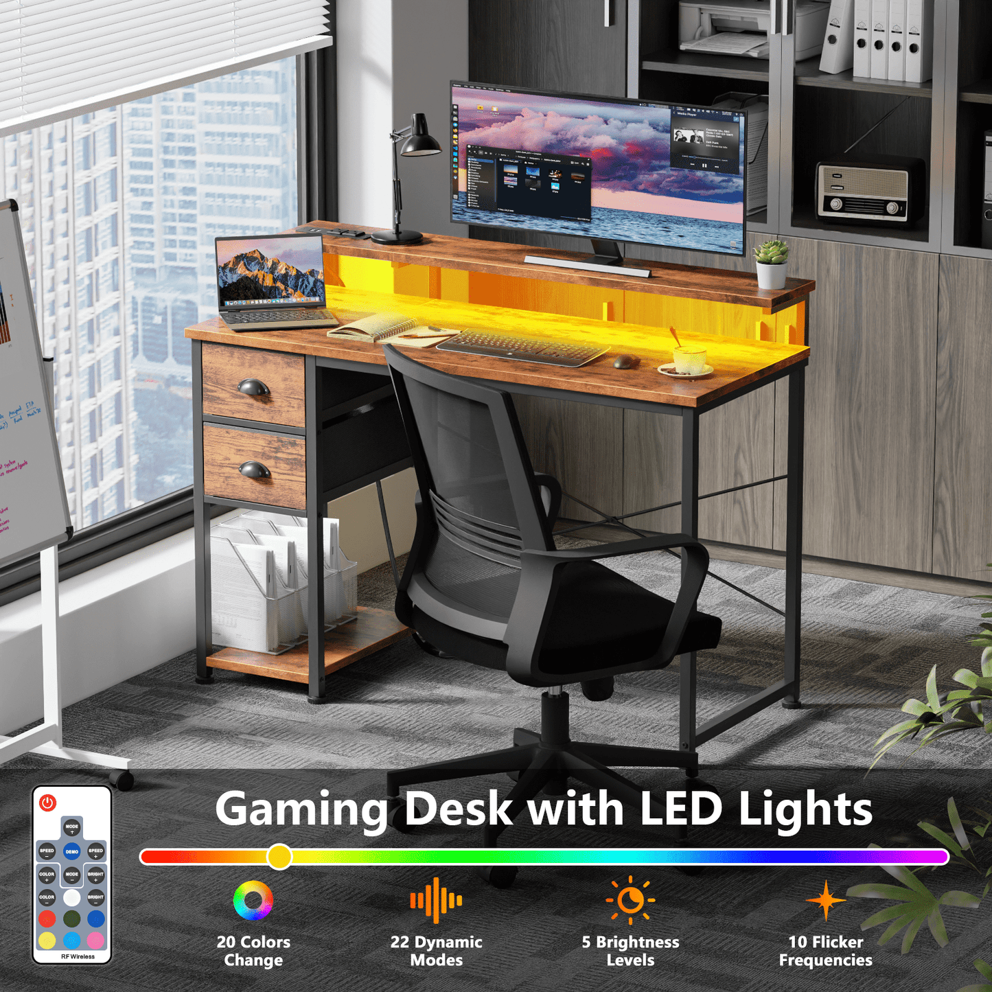 Hexmn Computer Desk with Drawers & USB for Small Area, LED Change Colors Standing Gaming Desk with Monitor Stand for Writing