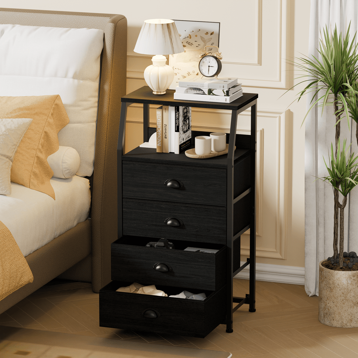 Satifur 4-Drawer Nightstand,Vertical Fabric Dresser Storage End Table,for All Age,Black Oak