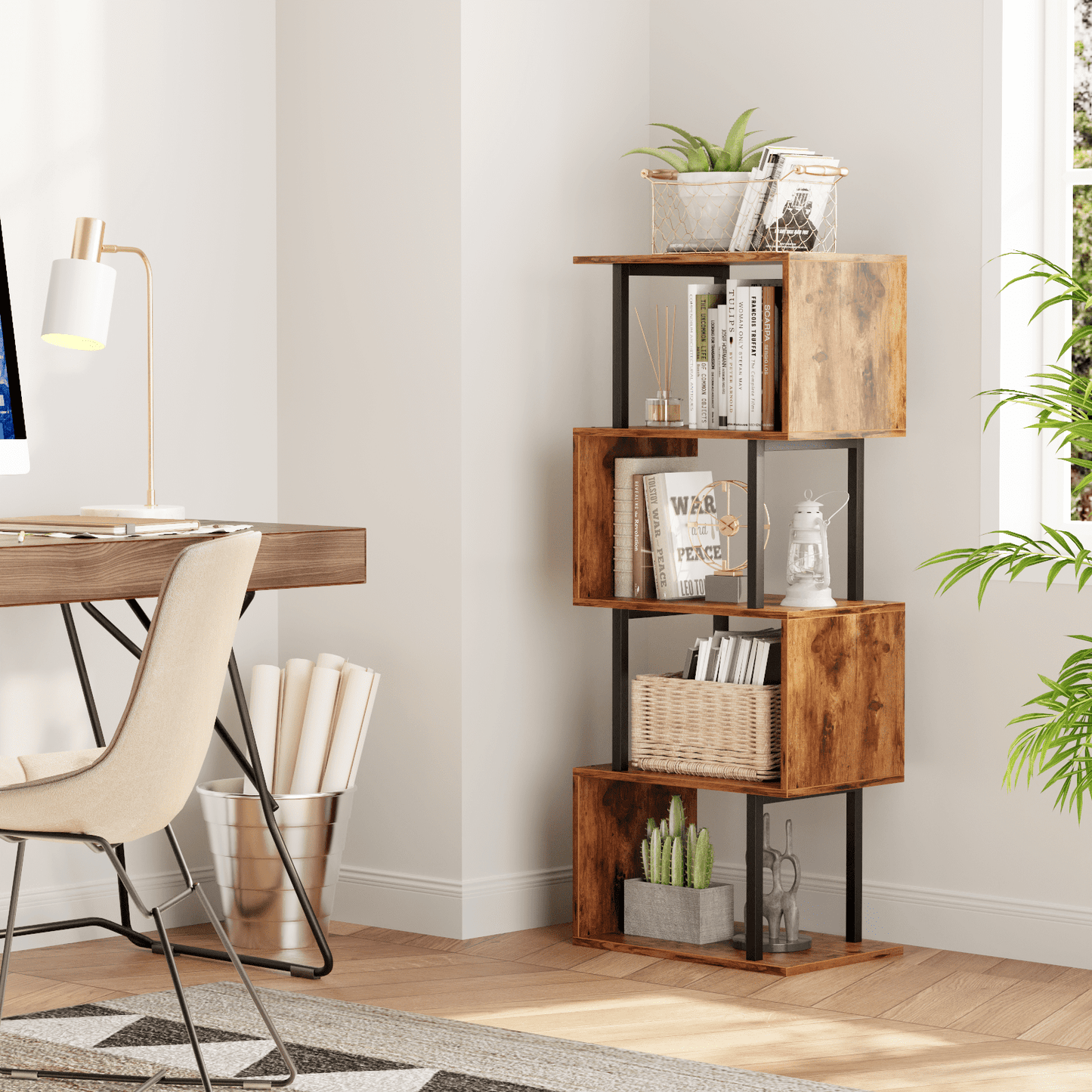 Satifur 4-Tier S-Shaped Geometric Bookcase, Industrial Freestanding Storage Shelving Unit,Rustic Brown