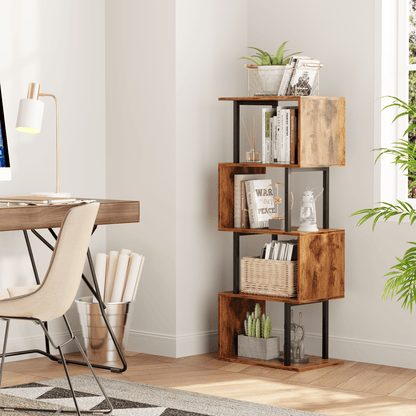 Satifur 4-Tier S-Shaped Geometric Bookcase, Industrial Freestanding Storage Shelving Unit,Rustic Brown