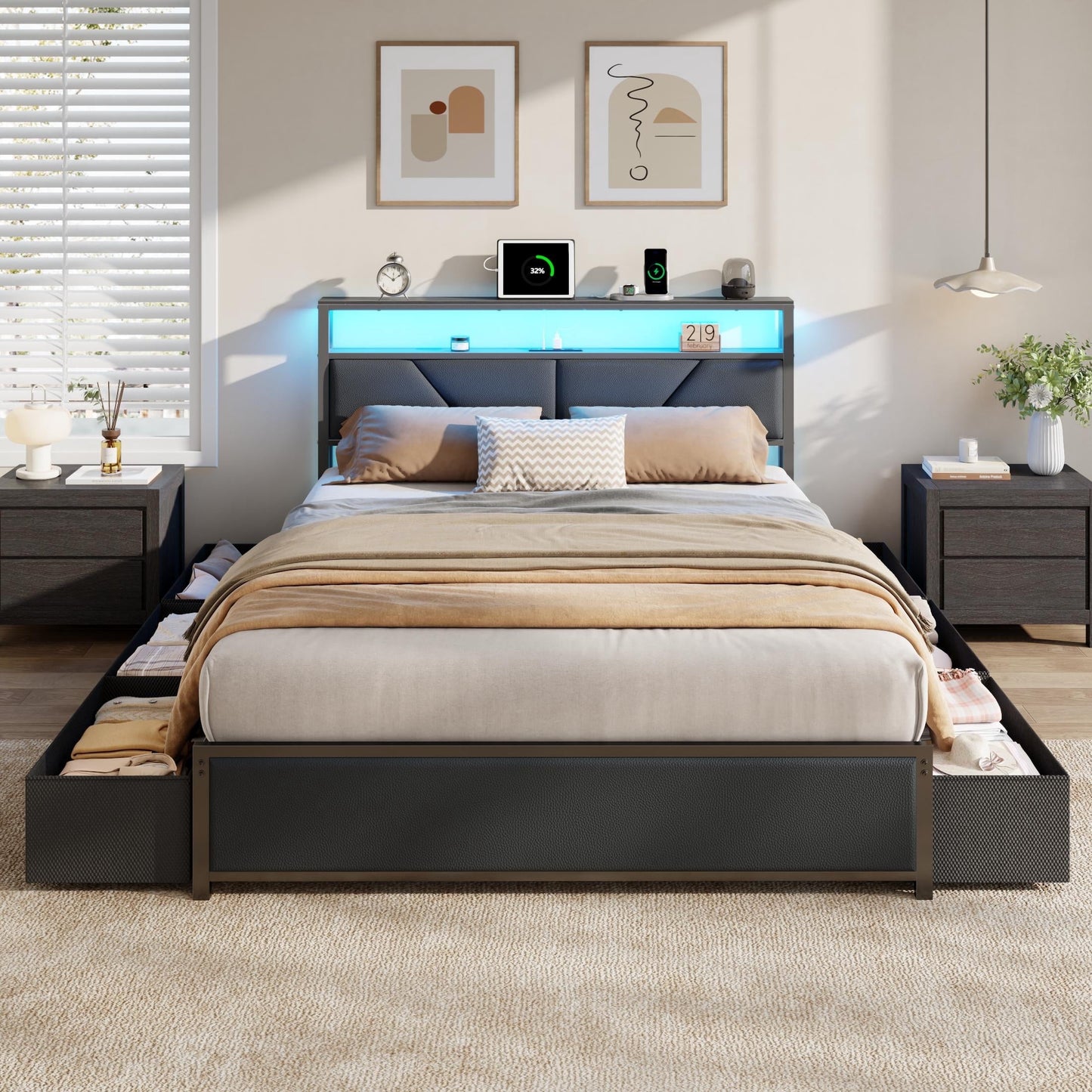 Tydimor Full Bed Frame with 6 Storage Drawers, Metal Platform Bed Frame with 2-Tier Upholstered Storage Headboard & LED, Built in Charging Station, Noise-Free, No Box Spring Needed, Black