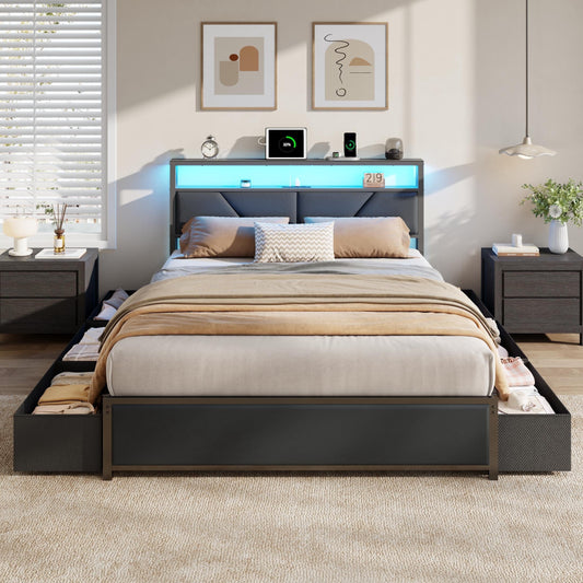 Tydimor Full Bed Frame with 6 Storage Drawers, Metal Platform Bed Frame with 2-Tier Upholstered Storage Headboard & LED, Built in Charging Station, Noise-Free, No Box Spring Needed, Black