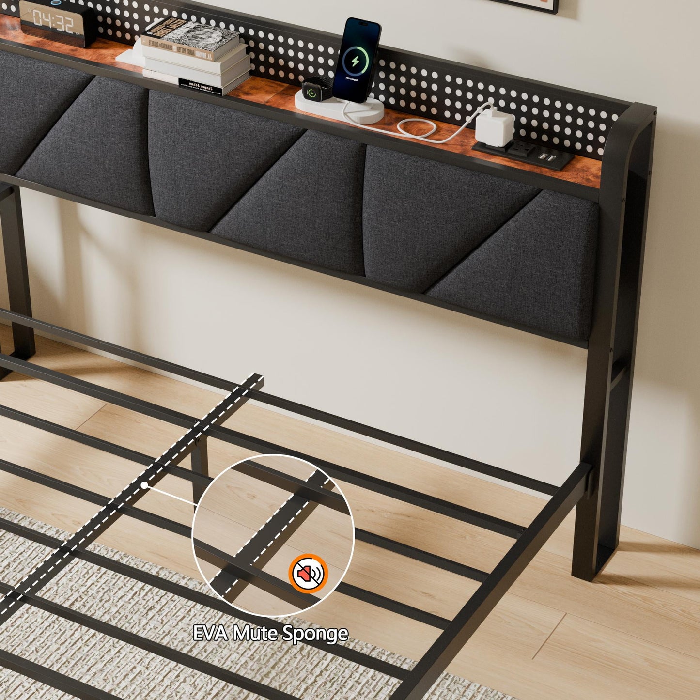 Tydimor Queen Size Metal Smart Bed Frames with Upholstered Headboard, LED Lights, USB Ports and Outlets, Storage Shelves & Underbed