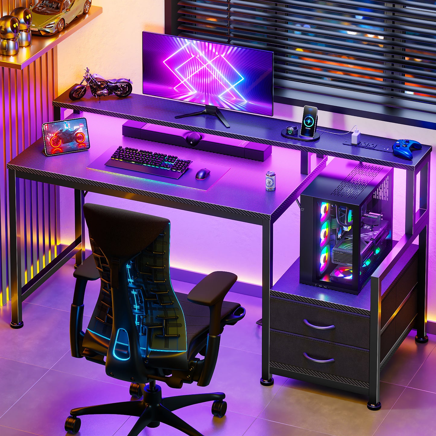 Satifur 47" Smart RGB Gaming Desk with App-Controlled Light Strip, Reversible Drawers & Built-in Charging Station,Black