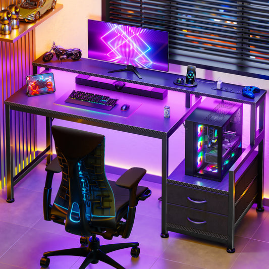 Satifur 47" Smart RGB Gaming Desk with App-Controlled Light Strip, Reversible Drawers & Built-in Charging Station,Black
