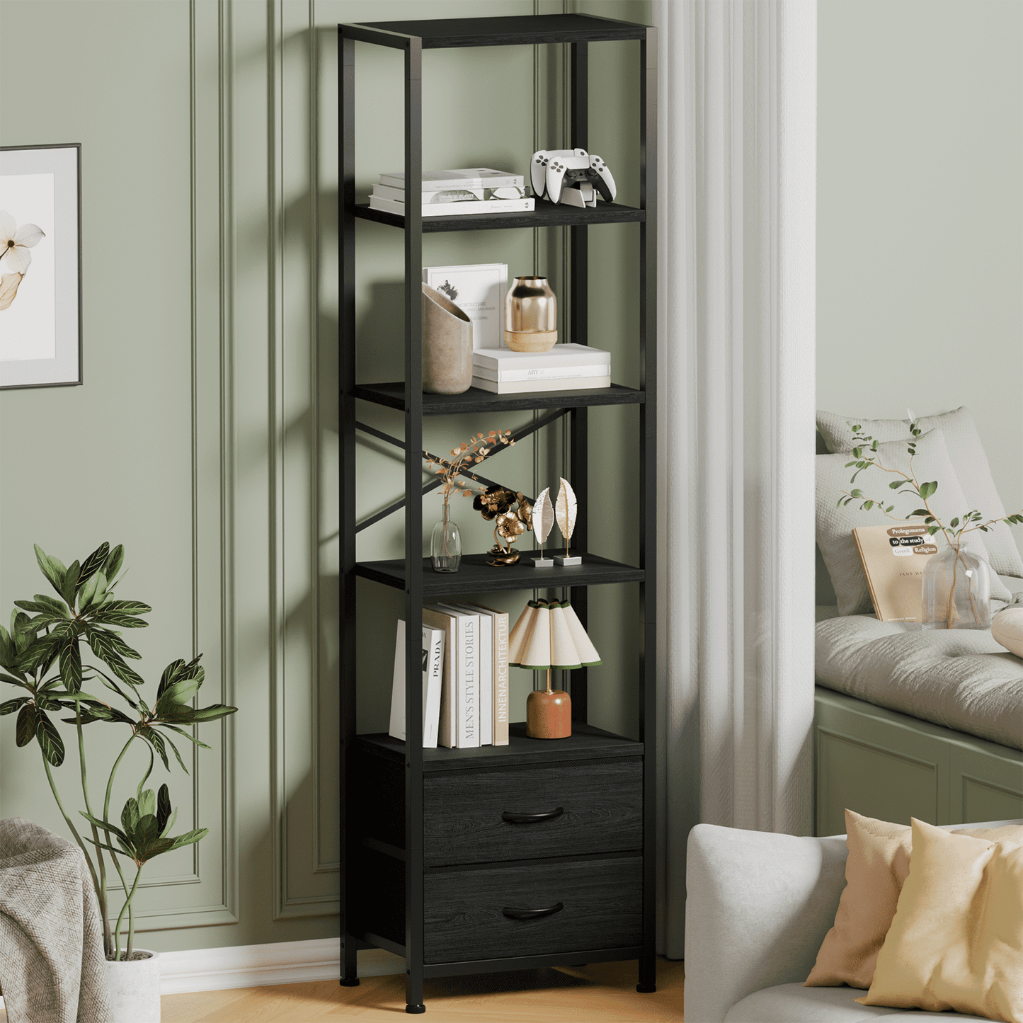Satifur 5-Tier Bookshelf and Bookcase with 2 Removable Drawers, Narrow Display Shelf for Living Room, Black Oak
