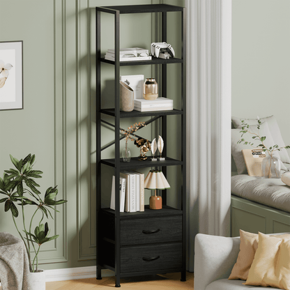 Satifur 5-Tier Bookshelf and Bookcase with 2 Removable Drawers, Narrow Display Shelf for Living Room, Black Oak