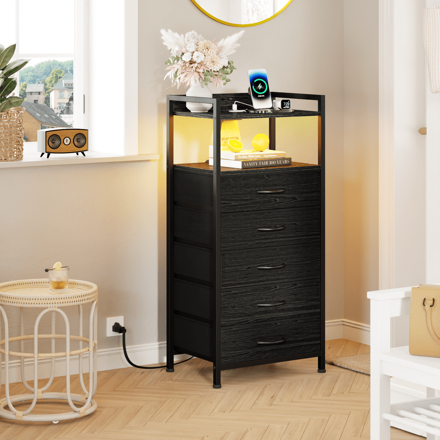 TYDIMOR Tall Dresser for Bedroom, 5 Drawer with Charging Station, Black, Ideal for Adults