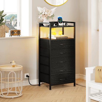 TYDIMOR Tall Dresser for Bedroom, 5 Drawer with Charging Station, Black, Ideal for Adults