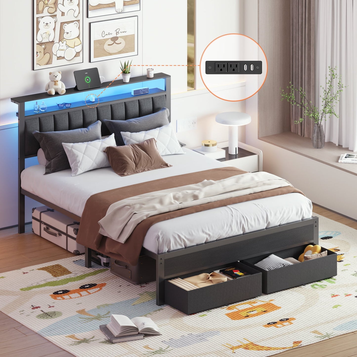 Satifur Queen Bed Frame with 2 USB Ports & Upholstered Headboard & 2 Storage Drawers, Black
