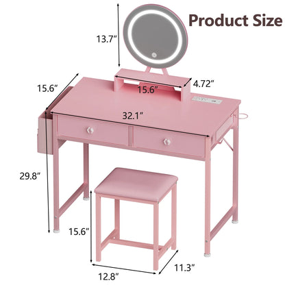Tydimor Vanity Desk with Mirror & Lights, GRWM Vanity with Drawers & Storage Shelves, Makeup Dressing Table with Stool & Charging, Pink