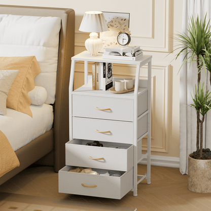 Satifur 4-Drawer Nightstand,Vertical Fabric Dresser Storage End Table,for All Age,White